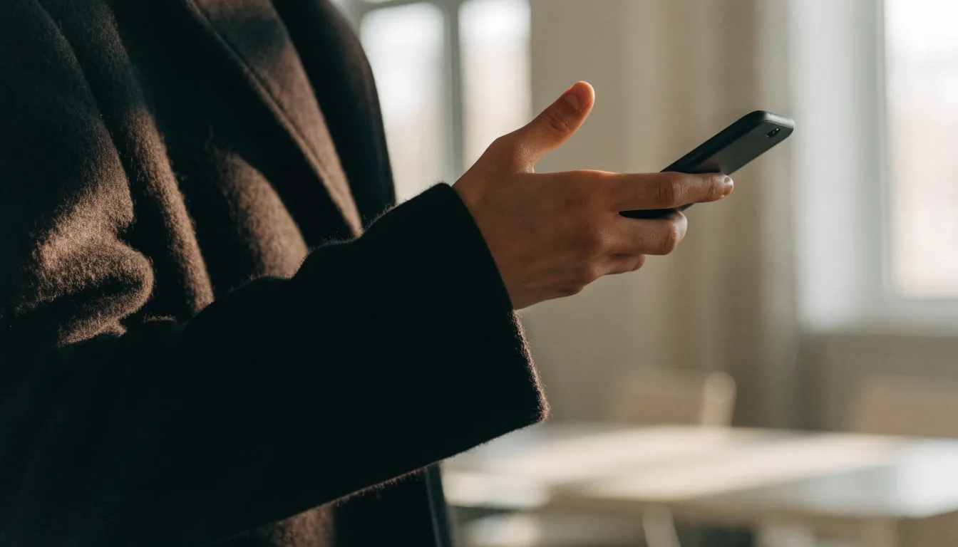 A hand holding a phone face-down in a sunlit meeting room
