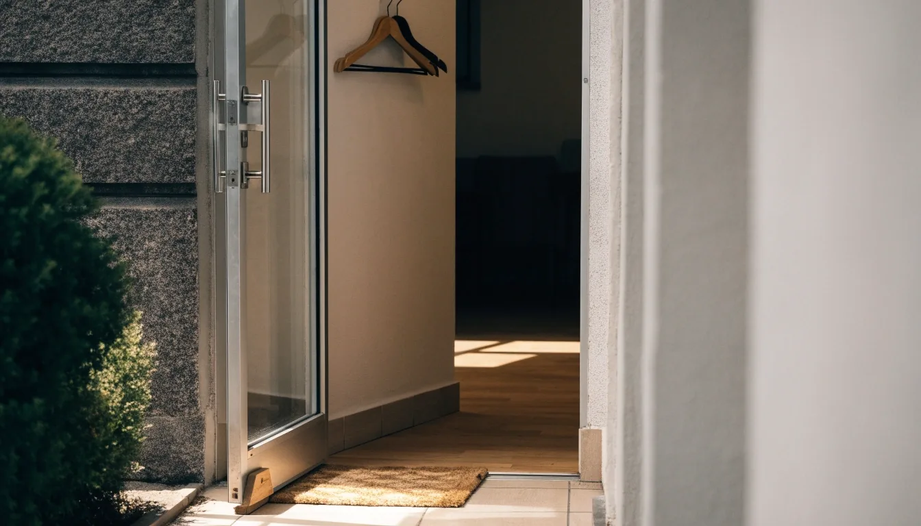 Daylight falling across the reception counter of a bright studio entrance hall