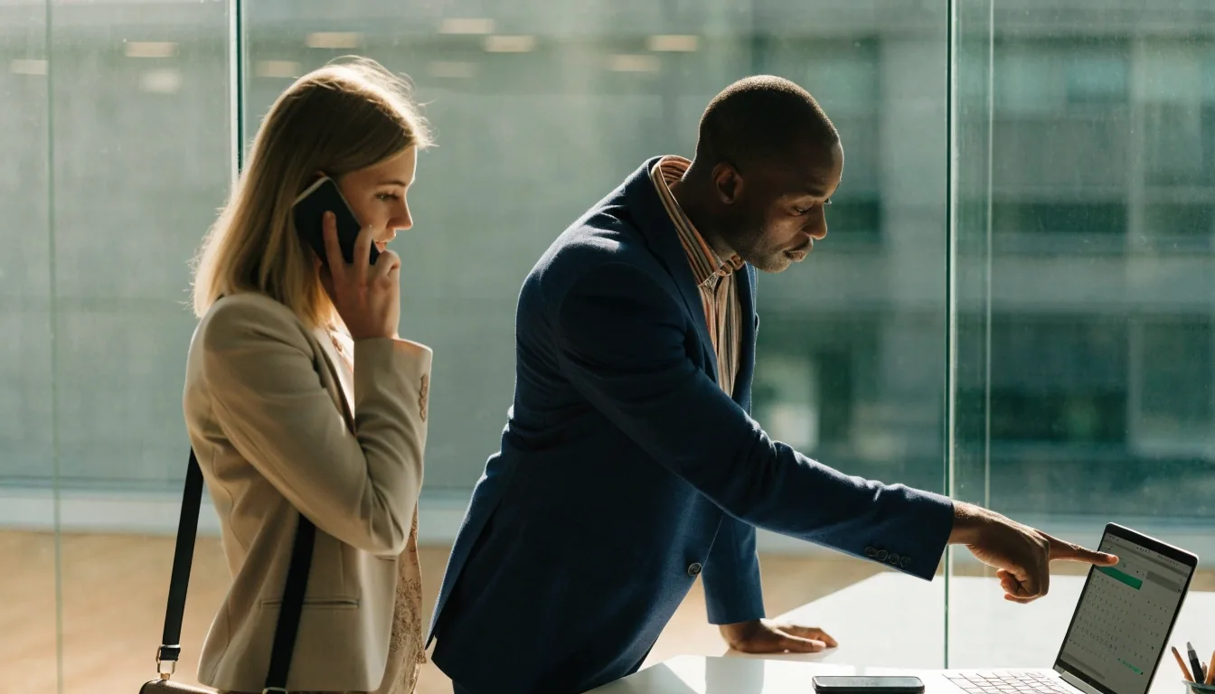 A Nembario Digital specialist beside a client reviewing a scheduling tool on a laptop in a bright meeting room