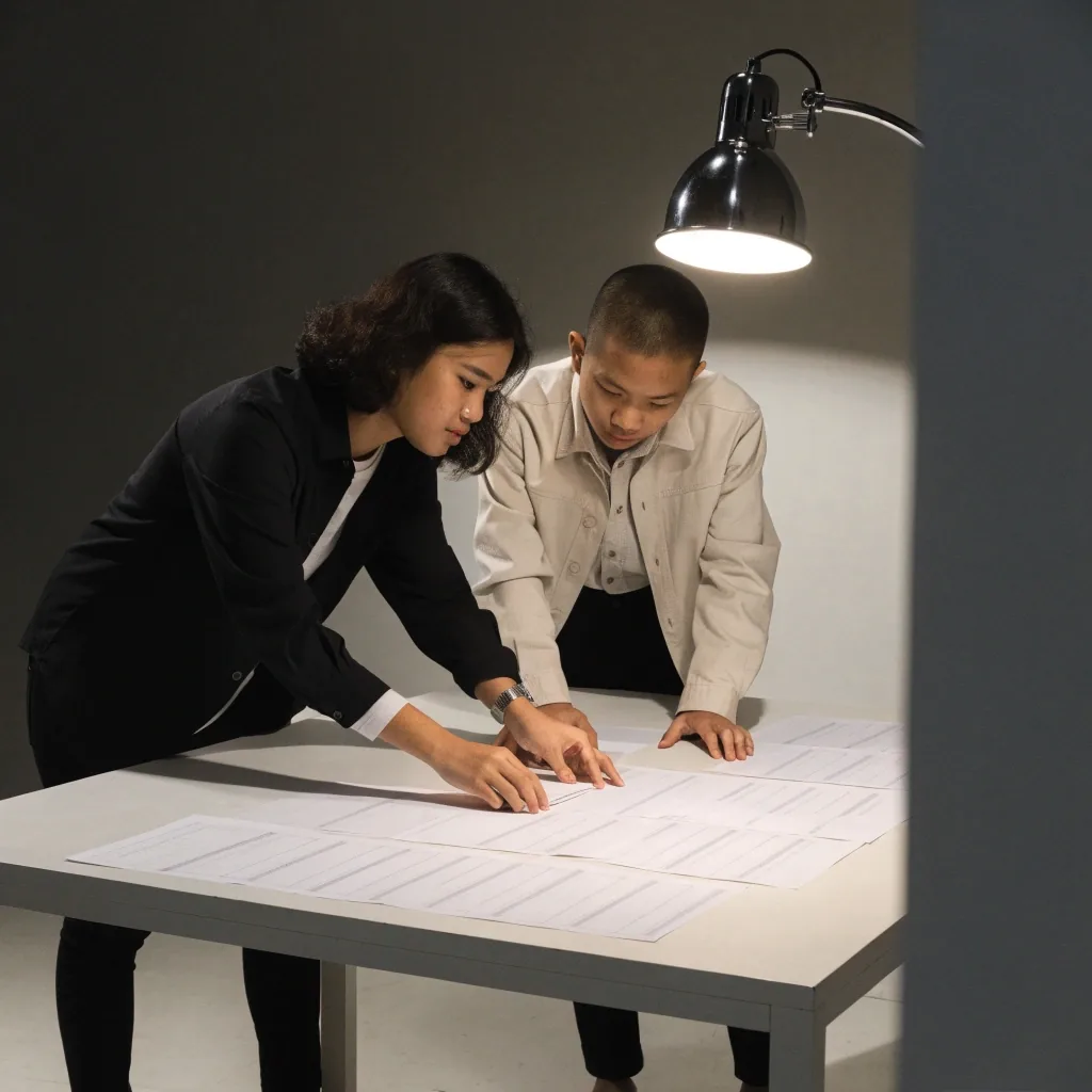 Two Nembario Digital consultants laying out a plain paper grid on a white studio desk under lamp light