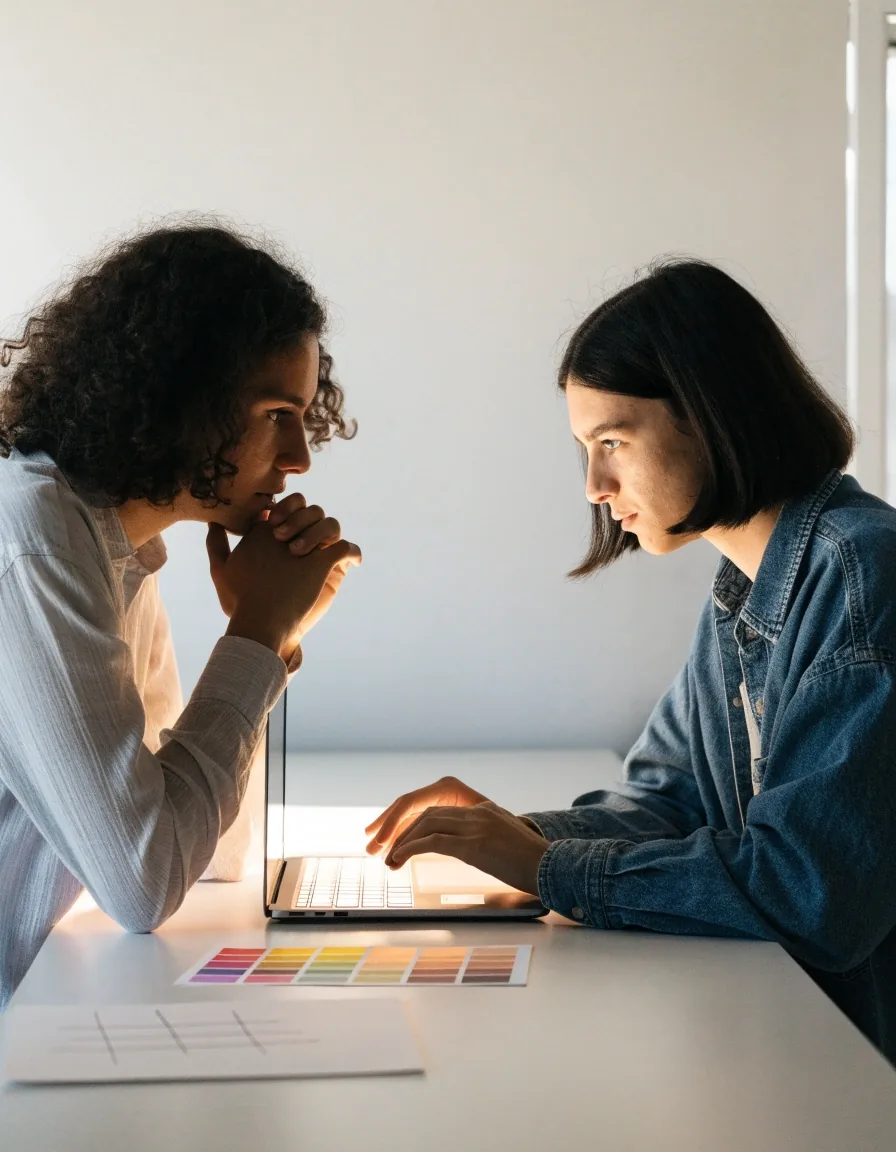 Two people reviewing a service page layout together at a studio desk