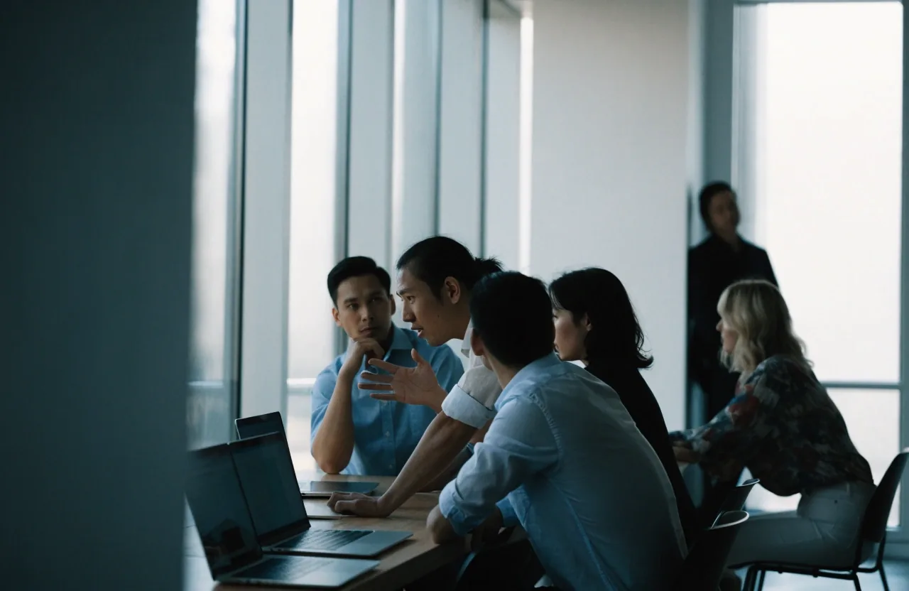Four colleagues mid-conversation around a long table in a bright meeting room