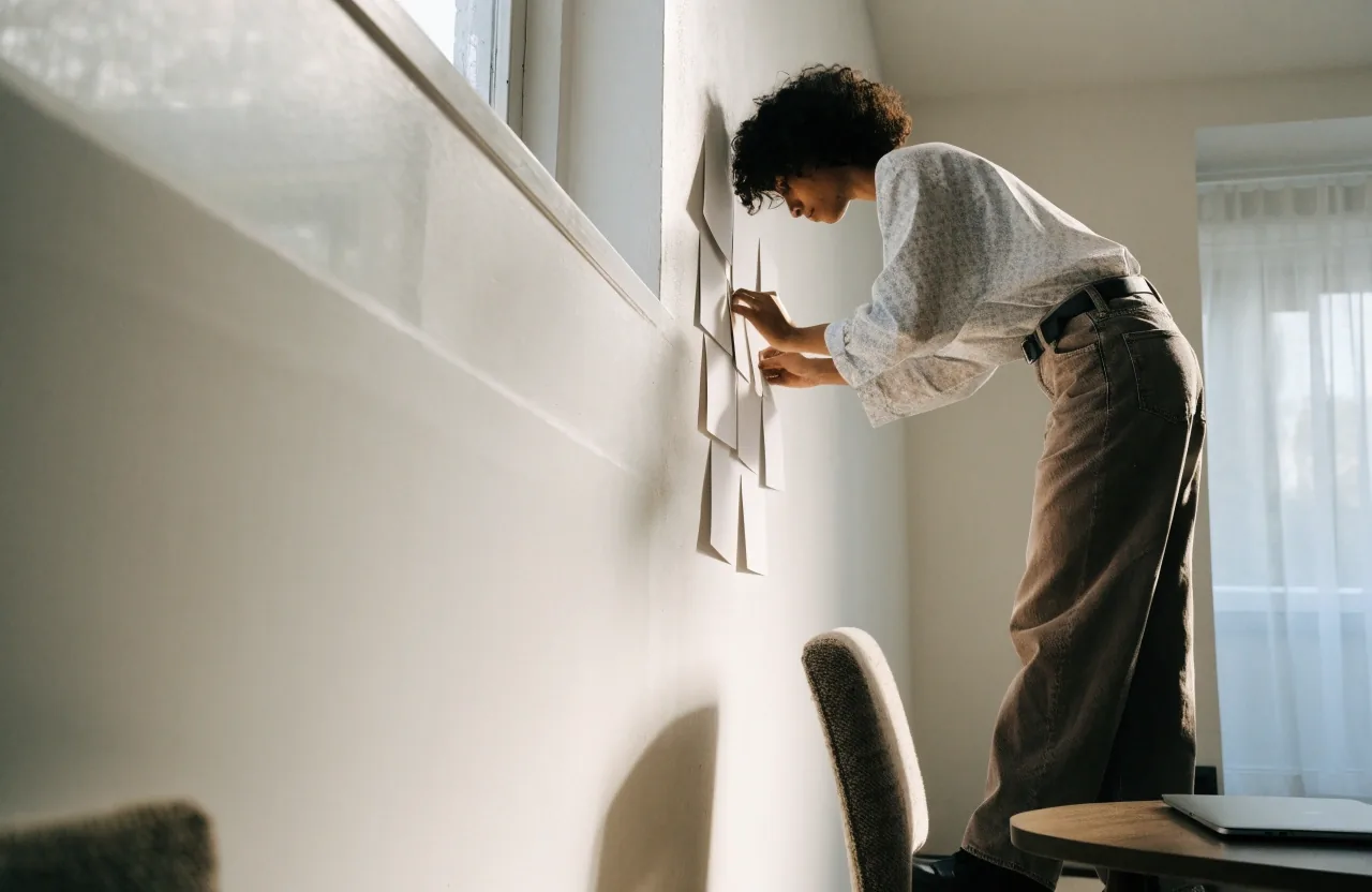 A designer's desk with a laptop, closed notebook and angled monitor in daylight