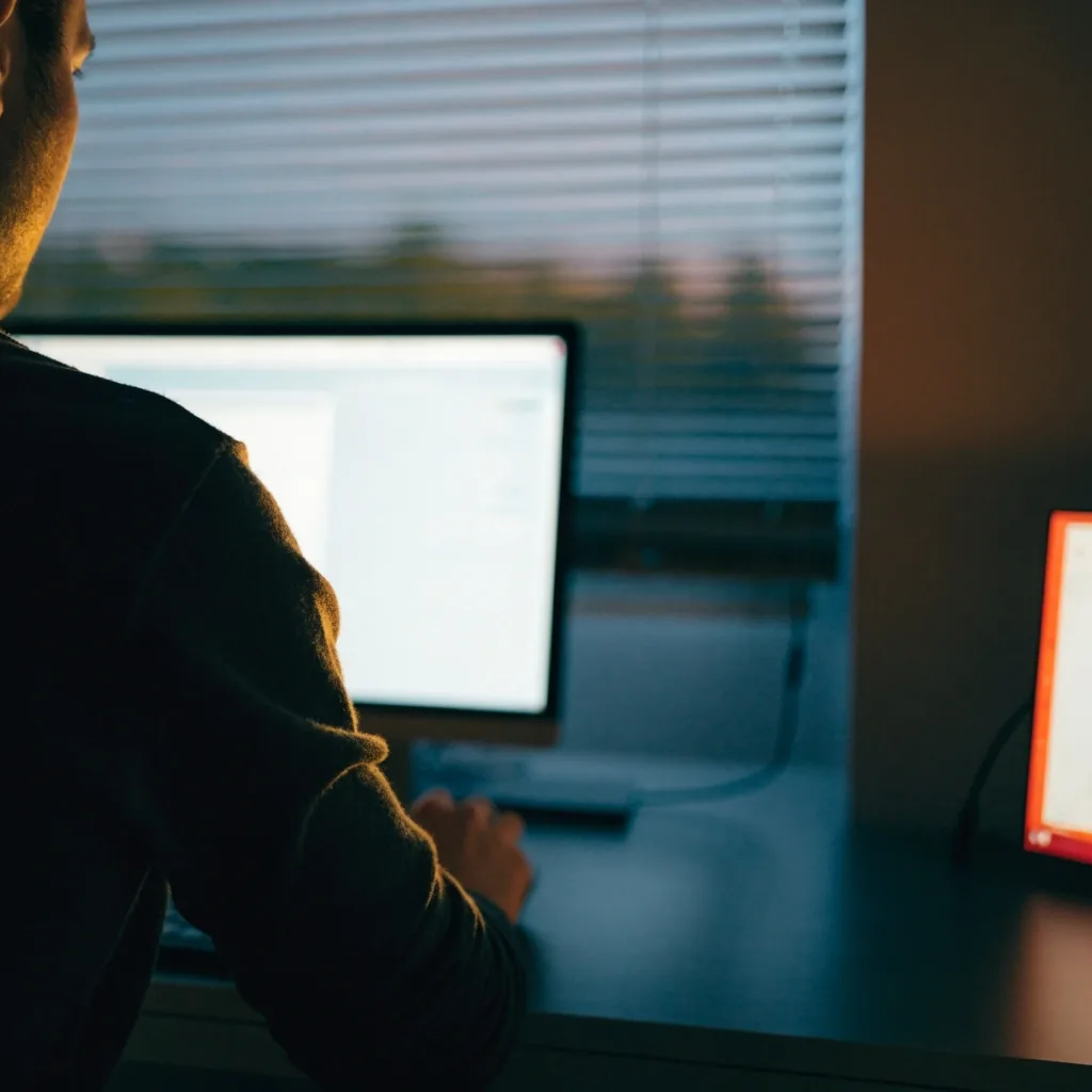 An over-the-shoulder view of a desk lit by a monitor at dusk