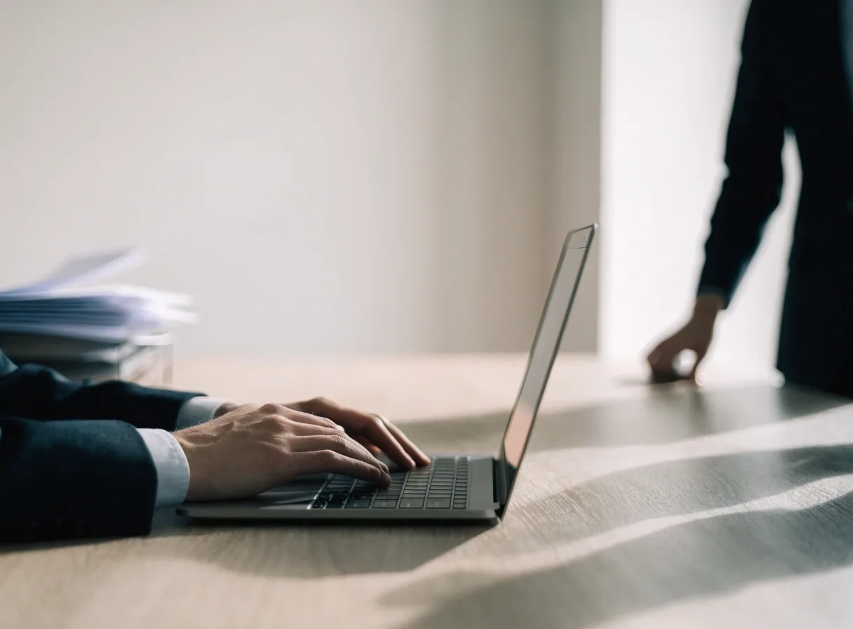 Two hands over a laptop at a bright meeting table during a working session