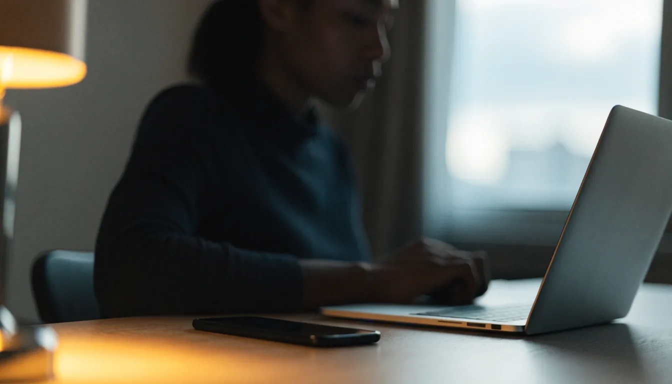 Person at a meeting table with a phone face-down and a laptop open nearby