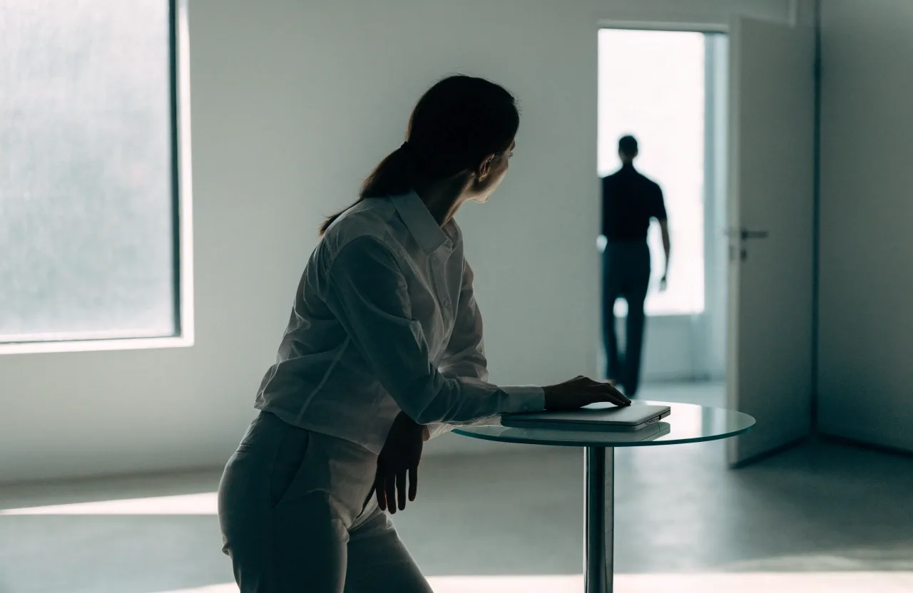 A single desk with a closed laptop and a face-down phone under warm lamp light at the end of the day