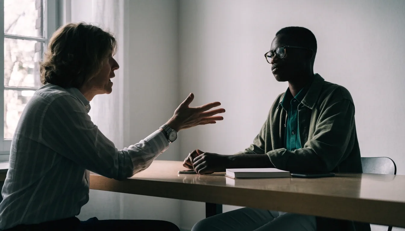 Two people in a small consultancy meeting room in conversation across a table in daylight
