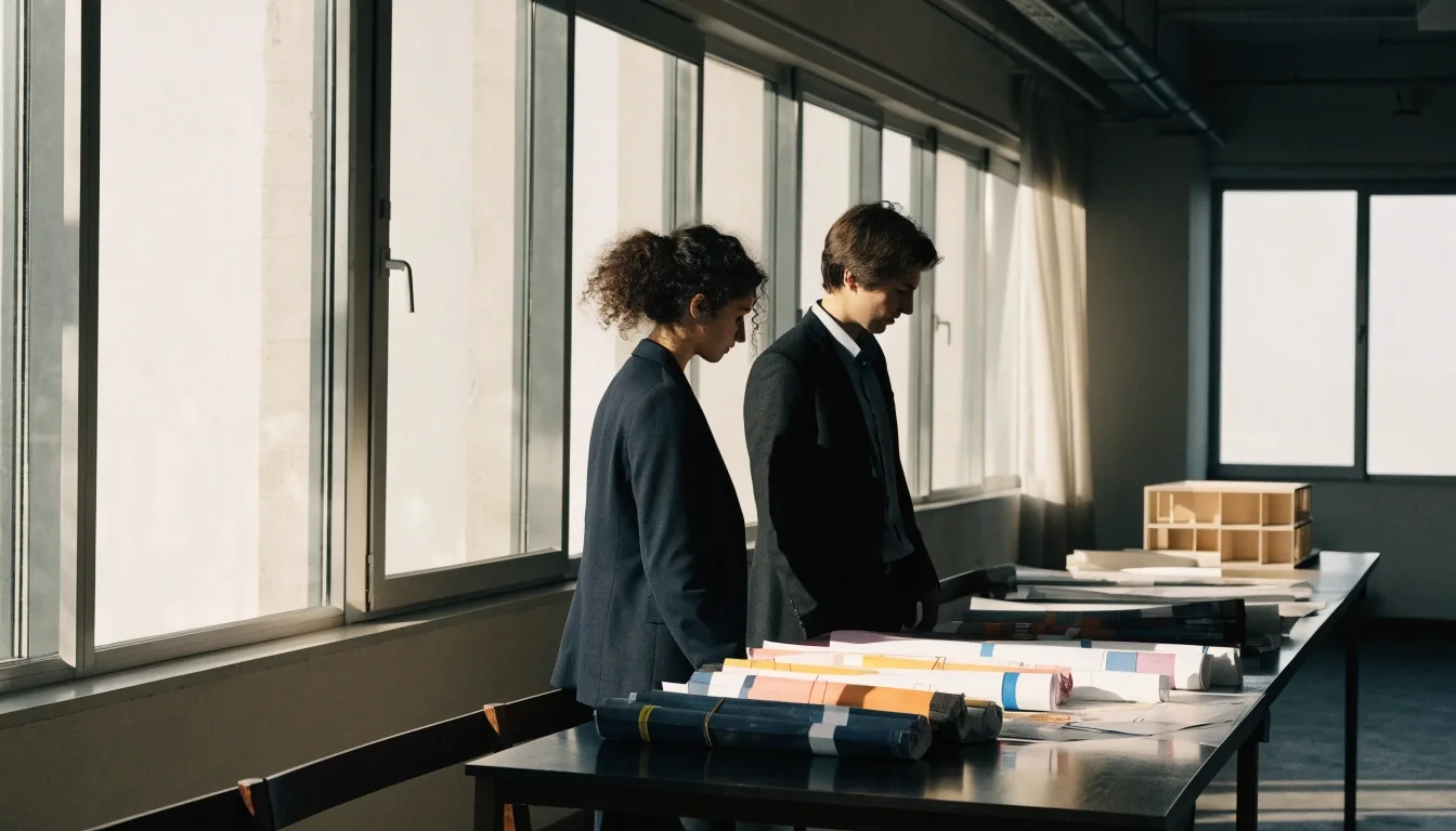 Two people standing beside a drafting table with rolled drawings and a scale model in a daylight-filled studio
